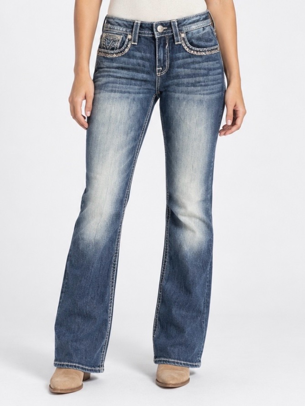 Stunning Vigoss Washed Blue Flare Jeans with Sequins & Light Fading Size 8